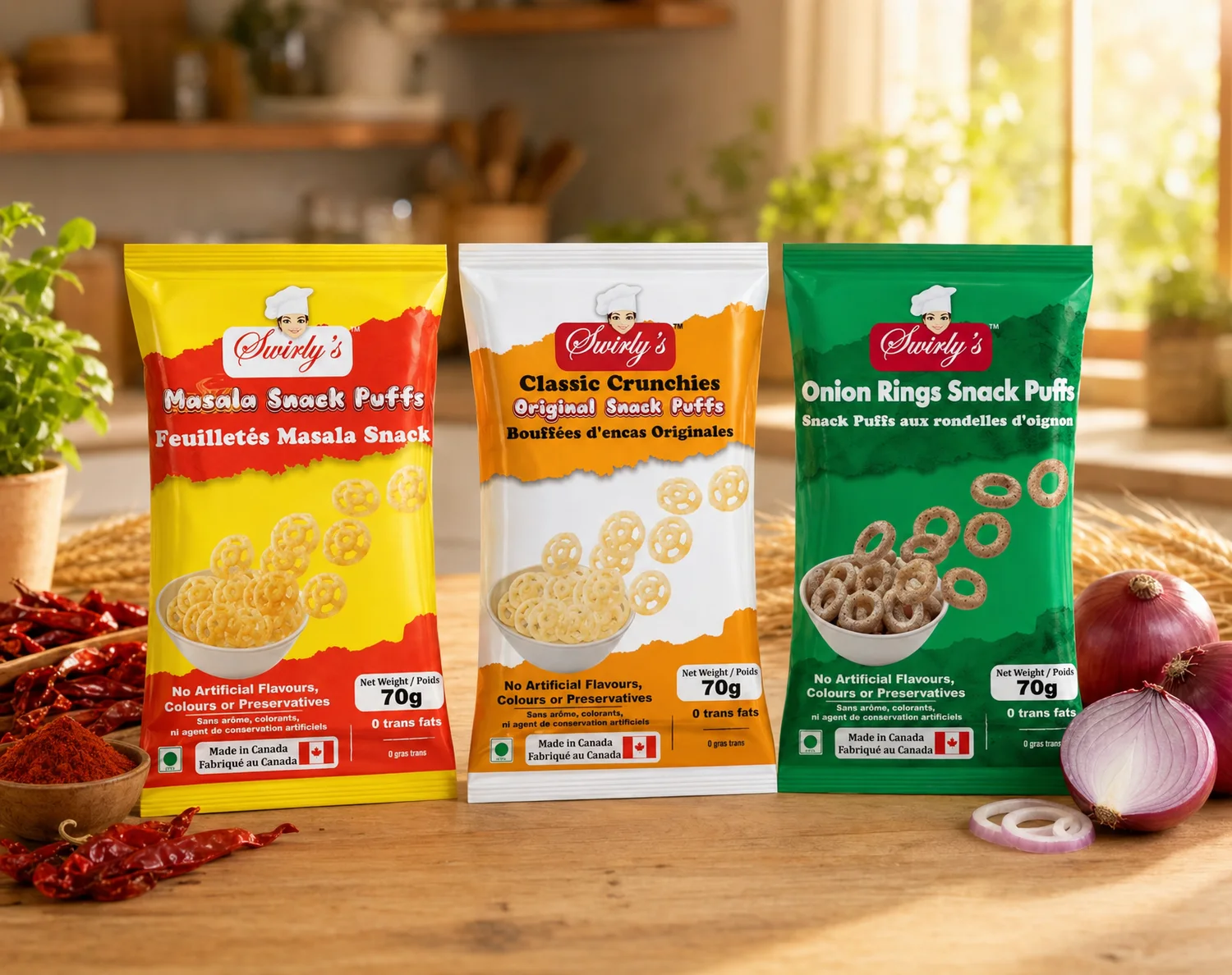 Three Swirly's Snack Puffs packets - Classic Crunchies, Masala, and Onion Rings - on a wooden surface with chillies, masala and onion garnishes